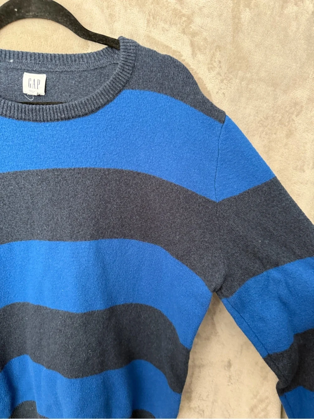 GAP Men’s Royal Blue and Charcoal Striped Crewneck Sweater
